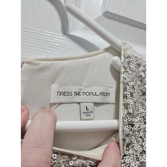 Dress the Population Emily White Silver Sequin Long Sleeve Bodycon Dress Size L - Picture 2 of 6